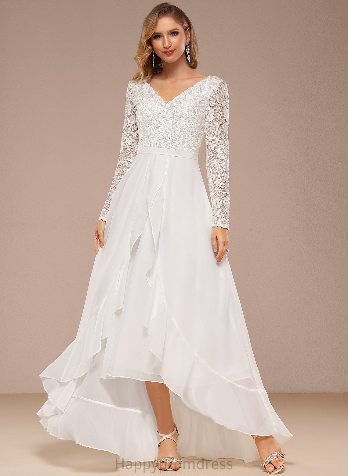 Chiffon Reagan Dress V-neck Wedding Dresses A-Line Lace Wedding Asymmetrical