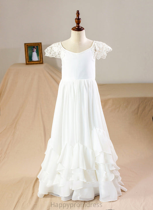 Thirza With Lace Scoop Girl Short - Chiffon Sleeves Dress Flower A-Line Flower Girl Dresses Floor-length Neck