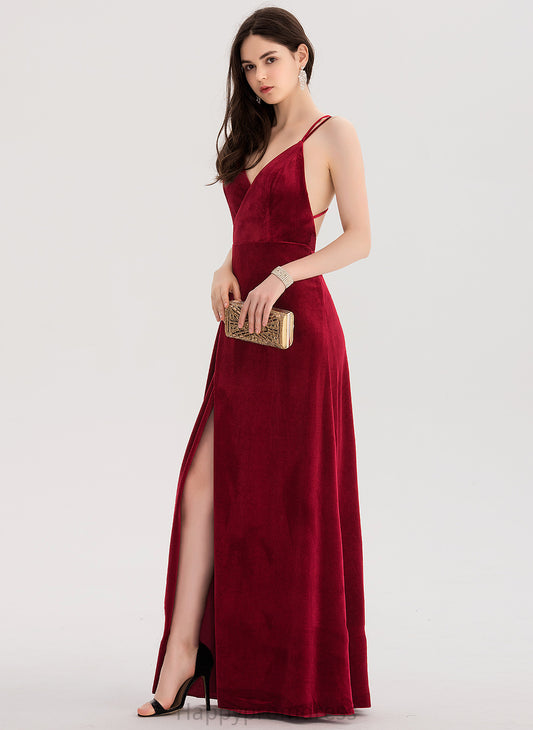 Velvet Split A-Line V-neck Front Prom Dresses Floor-Length Samara With