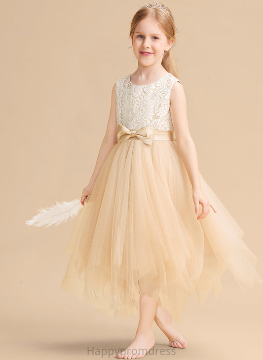 With A-Line Flower Girl Dresses - Dress Sasha Sleeveless Girl Lace/Bow(s) Scalloped Neck Tea-length Tulle Flower