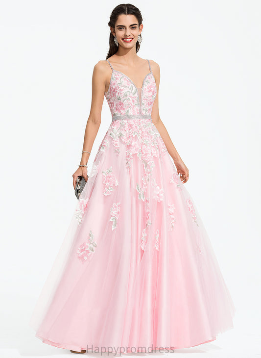 Aliya Tulle Floor-Length V-neck Beading Ball-Gown/Princess With Prom Dresses Sequins