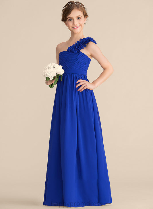 Floor-Length Flower(s) Junior Bridesmaid Dresses Kimberly A-Line One-Shoulder Ruffle Chiffon With