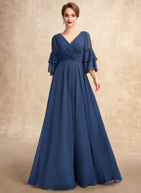 Dress V-neck Mother Reyna the Ruffles Cascading A-Line Floor-Length With Mother of the Bride Dresses of Bride Chiffon