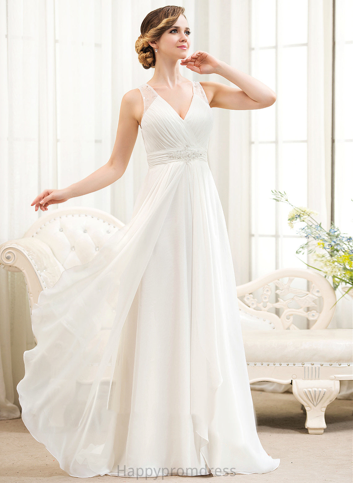 Train Sweep Wedding Dresses A-Line Ruffles Dress Beading Sequins Avah Chiffon V-neck Wedding With Tulle Cascading