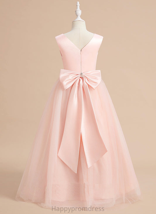 With Dress Denise Satin/Tulle V-neck Sleeveless Flower Floor-length Ball-Gown/Princess Flower Girl Dresses - Girl Bow(s)