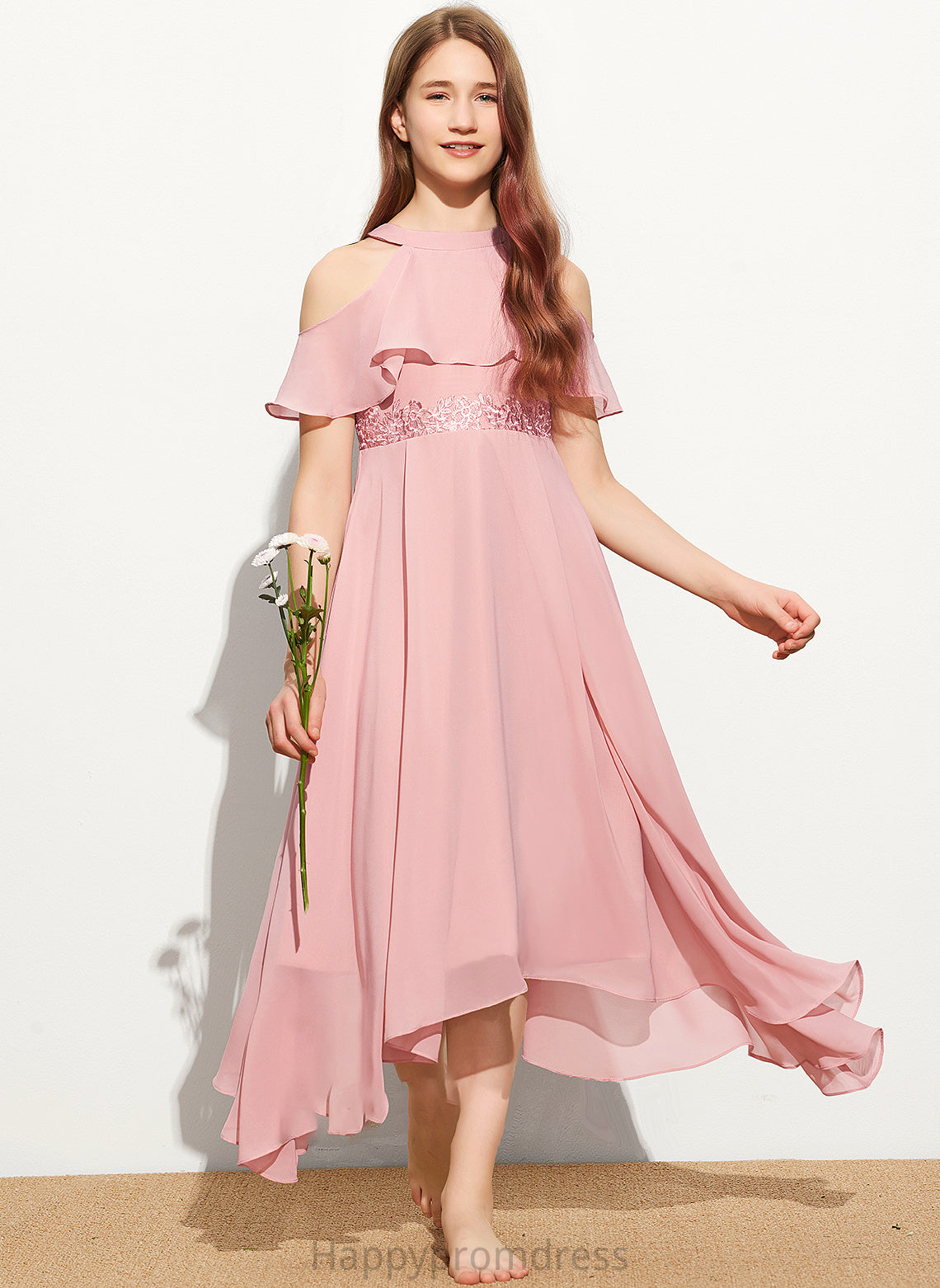 A-Line Junior Bridesmaid Dresses Scoop Tea-Length Lace Neck Chiffon Roberta