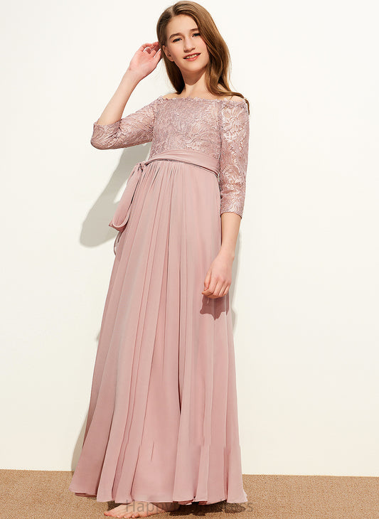 Lace A-Line With Bow(s) Junior Bridesmaid Dresses Floor-Length Chiffon Off-the-Shoulder Cindy