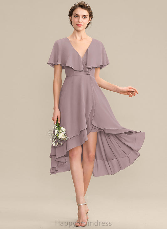 Silhouette Embellishment A-Line V-neck Neckline CascadingRuffles Fabric Asymmetrical Length Arianna Empire Waist Half Sleeves Bridesmaid Dresses