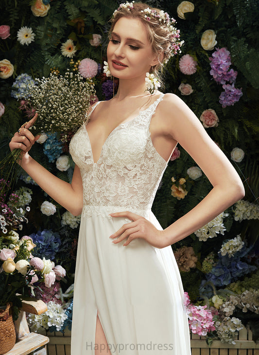 V-neck Lace A-Line Wedding With Dress Front Floor-Length Rhoda Wedding Dresses Split