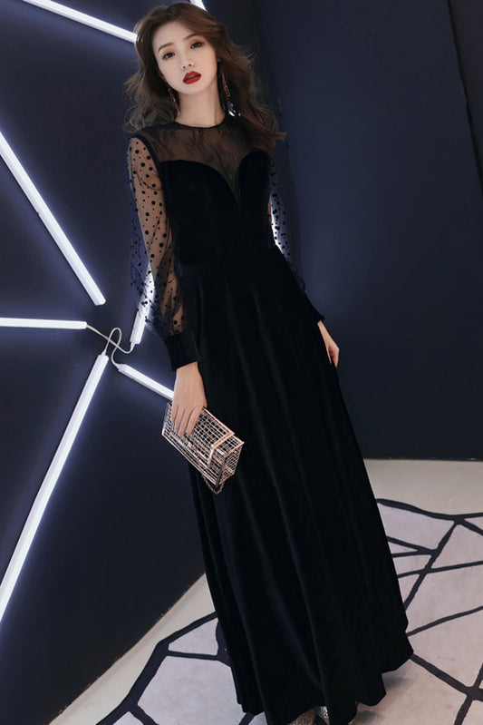 Elegant Black Long Sleeves Floor Length Round Neck Long Prom Dresses