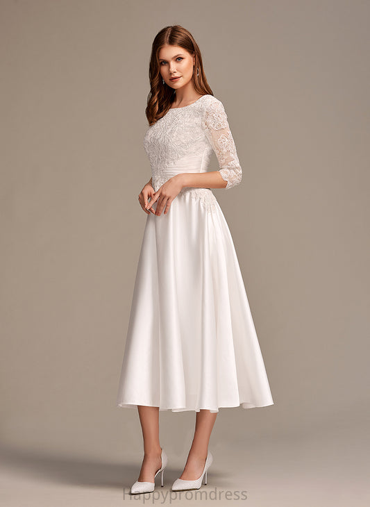 Wedding With Neck Tea-Length Lia Wedding Dresses Lace A-Line Dress Scoop Satin Pockets