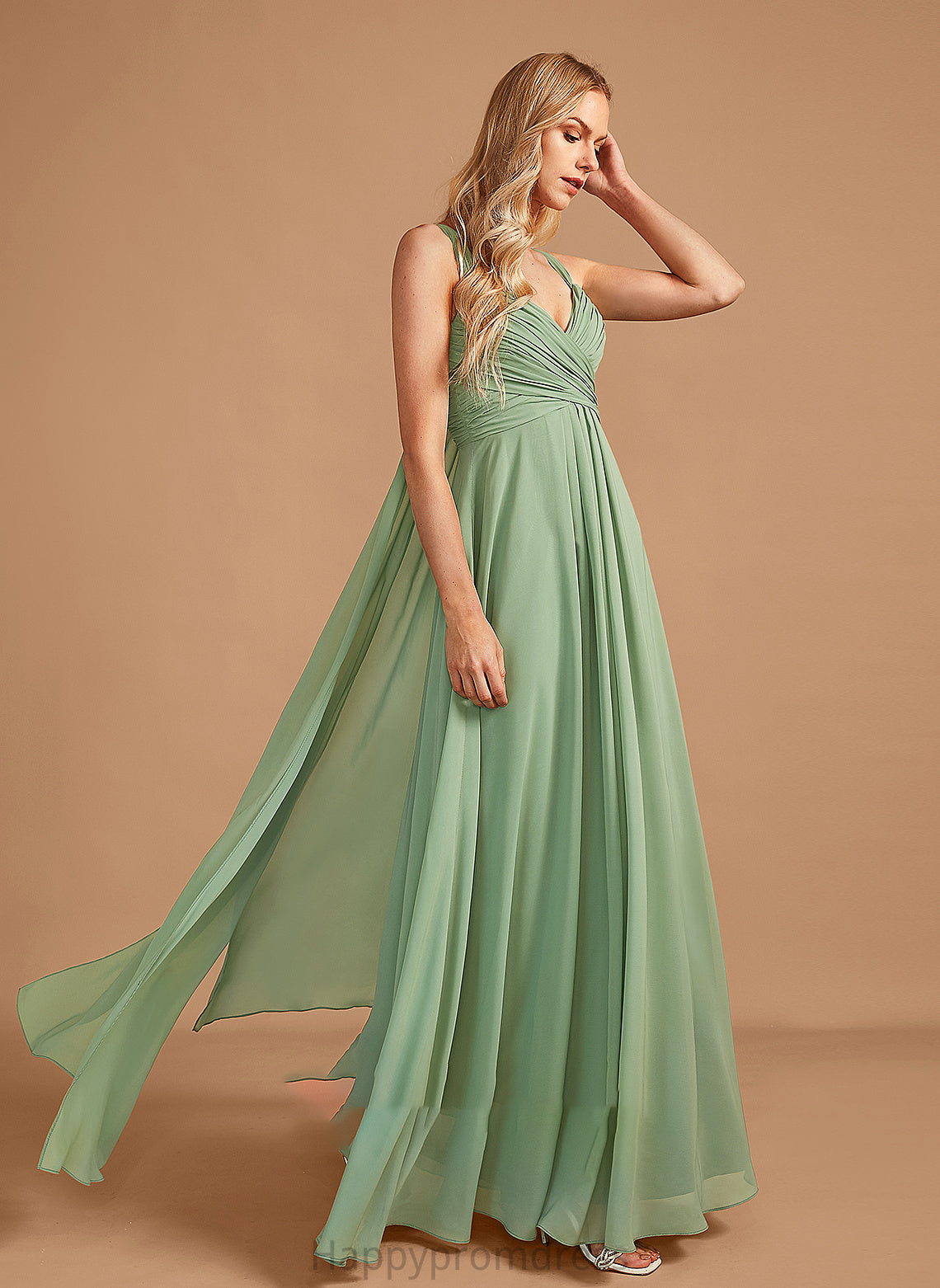 A-Line Neckline V-neck Fabric Floor-Length Silhouette Length Embellishment Ruffle Ada Sleeveless Floor Length Bridesmaid Dresses