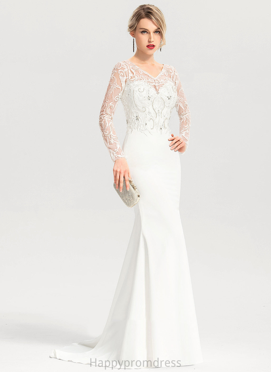 Wedding Dresses Train V-neck Stretch Sweep With Wedding Sequins Lace Dress Beading Trumpet/Mermaid Kaelyn Crepe