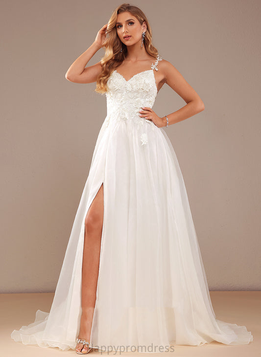 With Ball-Gown/Princess Wedding Dresses Court Angeline Front Dress Lace Split Lace Train Organza Wedding V-neck