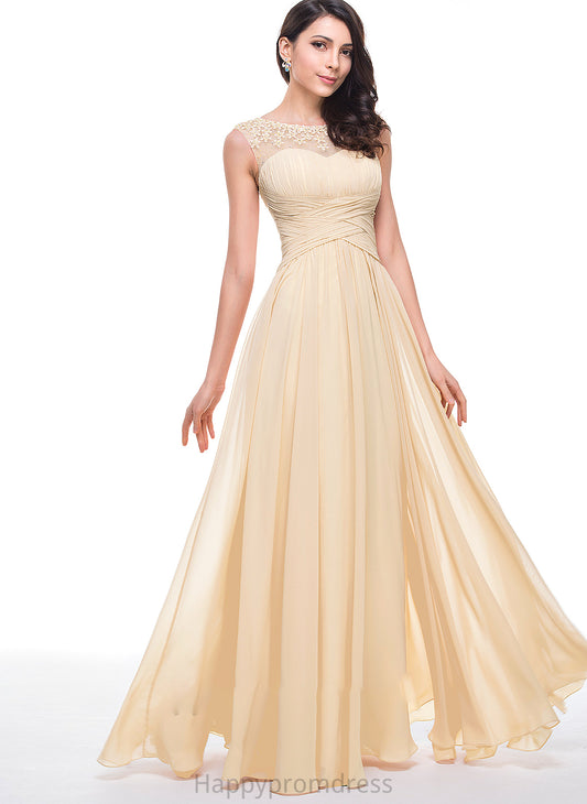 Neck A-Line Scoop Prom Dresses Floor-Length Flower(s) Beading Ashly With Chiffon Ruffle