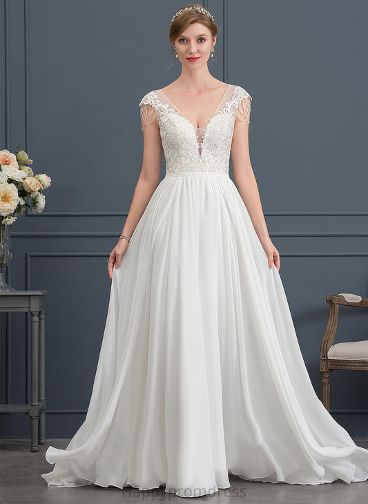 Wedding Dresses Alma Train Chiffon Wedding Lace With V-neck Sequins Beading Sweep Dress A-Line