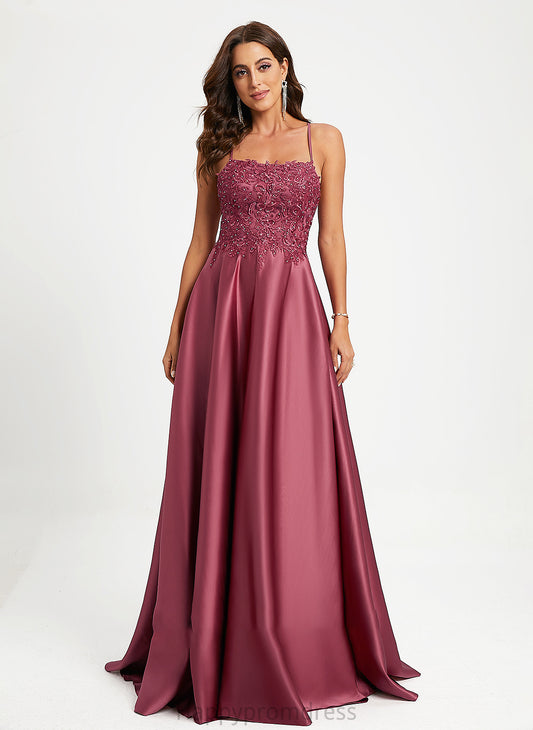 Neckline With Prom Dresses A-Line Satin Beading Square Train Sweep Sequins Saniya