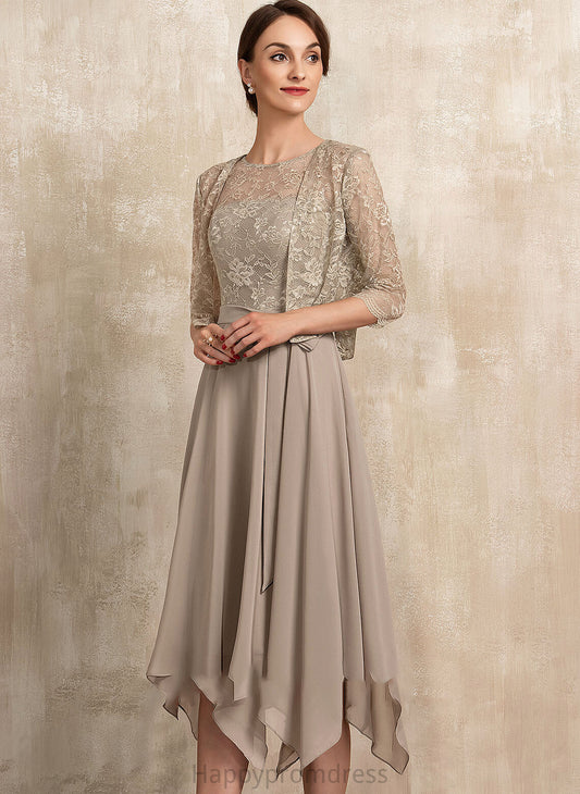 Dress Bow(s) With of Mother of the Bride Dresses Neck Lace Tea-Length A-Line Micaela Chiffon Scoop the Mother Bride