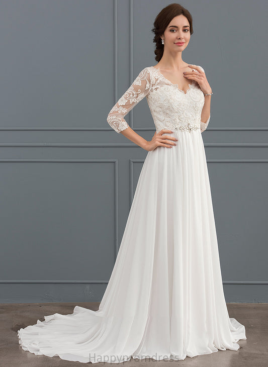 V-neck Wedding Dresses With Sequins Dress Lace A-Line Beading Wedding Chiffon Sweep Karen Train