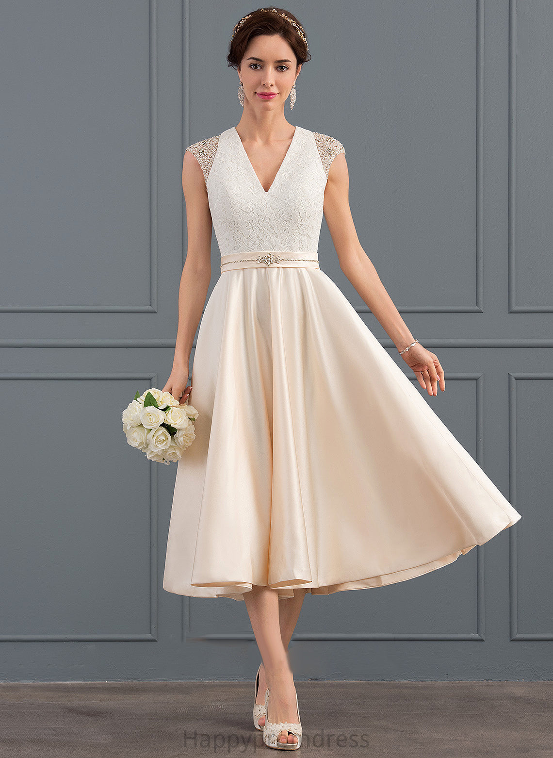 Tea-Length Kendra V-neck Wedding Beading With Wedding Dresses A-Line Sequins Satin Dress