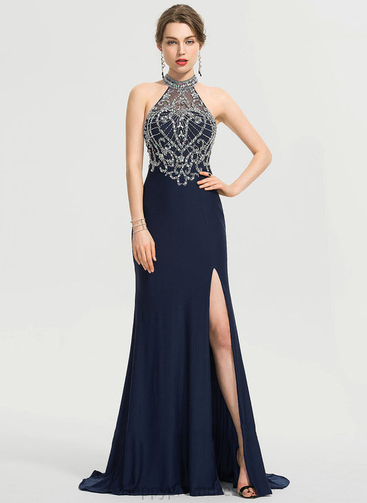 Front Beading Prom Dresses Xiomara Split Sequins Train With Sweep Scoop Jersey Neck Sheath/Column