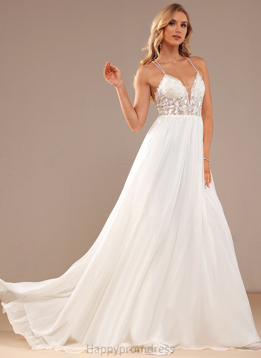 Wedding Dresses Sequins V-neck Wedding Lace With Train Chiffon Dress Beading Maeve Sweep A-Line