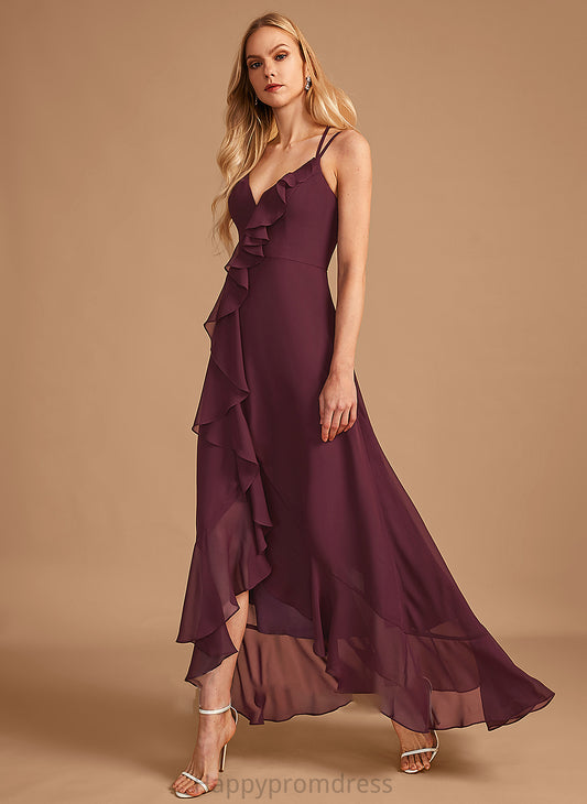 SplitFront A-Line Silhouette Embellishment Length Asymmetrical Neckline Fabric Ruffle V-neck Karissa Spaghetti Staps Bridesmaid Dresses