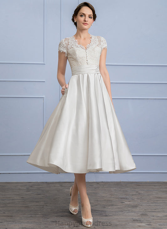 With Samantha A-Line Wedding Dresses Satin Pockets Dress Wedding Tea-Length Ruffle V-neck