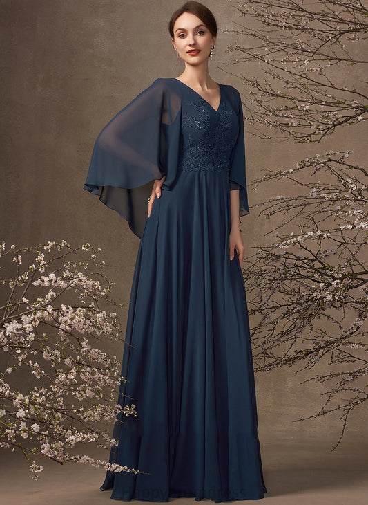 Naomi Bride A-Line Dress of V-neck Chiffon Floor-Length Sequins With Beading Mother of the Bride Dresses Mother Lace the