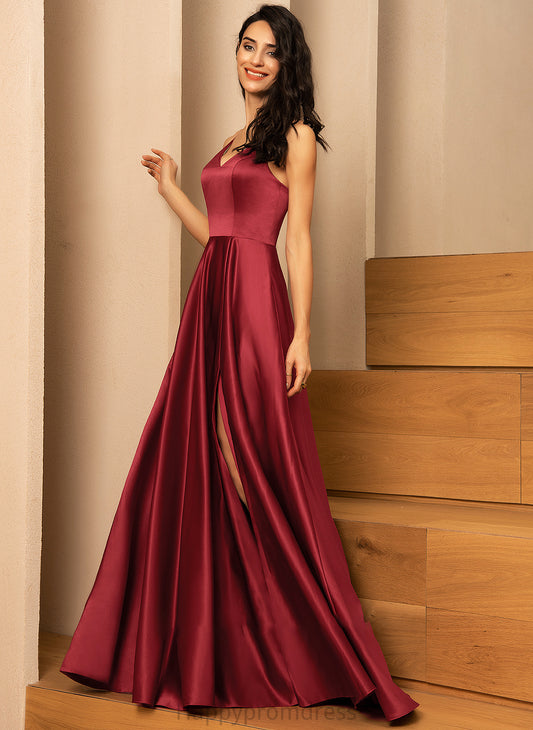 Satin Prom Dresses V-neck Floor-Length With Belinda Pockets A-Line