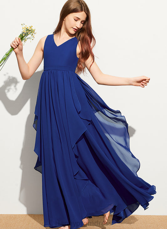 Floor-Length Cascading Angeline A-Line Chiffon Junior Bridesmaid Dresses With Ruffles V-neck