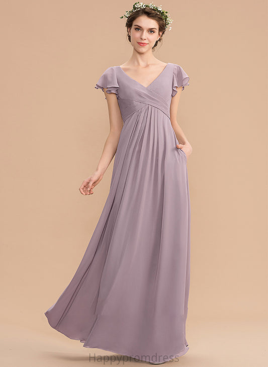 Floor-Length Neckline Pockets Length V-neck Fabric CascadingRuffles Silhouette Embellishment A-Line Adrienne V-Neck Bridesmaid Dresses