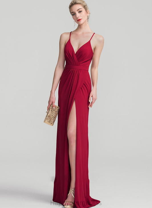 With Floor-Length V-neck Ruffle Jersey Prom Dresses Sheath/Column Anaya