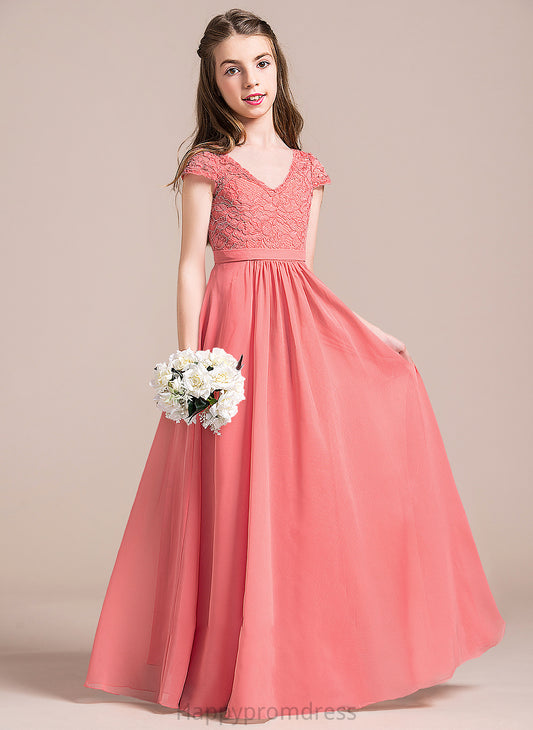 Junior Bridesmaid Dresses V-neck Chiffon Floor-Length A-Line Lace Charlie