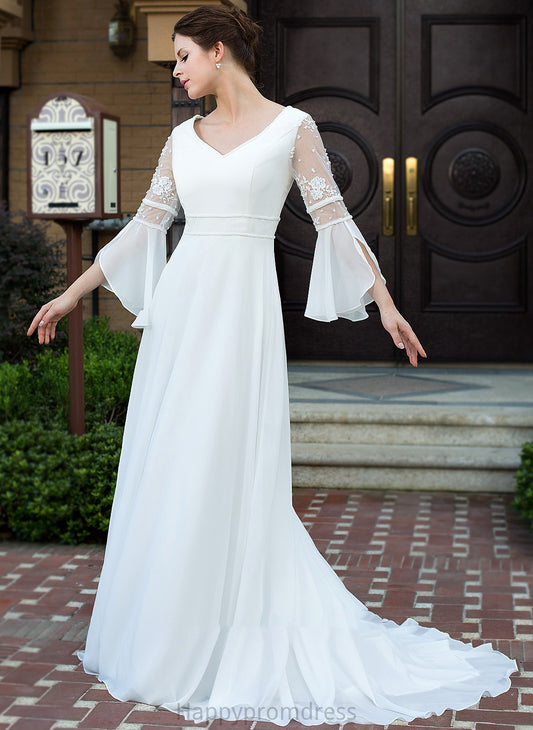 With Beading A-Line V-neck Dress Wedding Dresses Polly Lace Train Chiffon Court Wedding