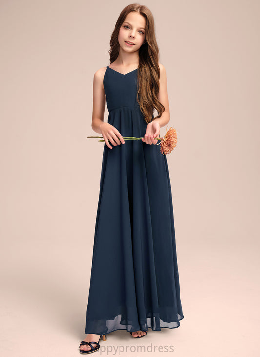 V-neck Floor-Length Junior Bridesmaid Dresses With Chiffon A-Line Talia Bow(s)