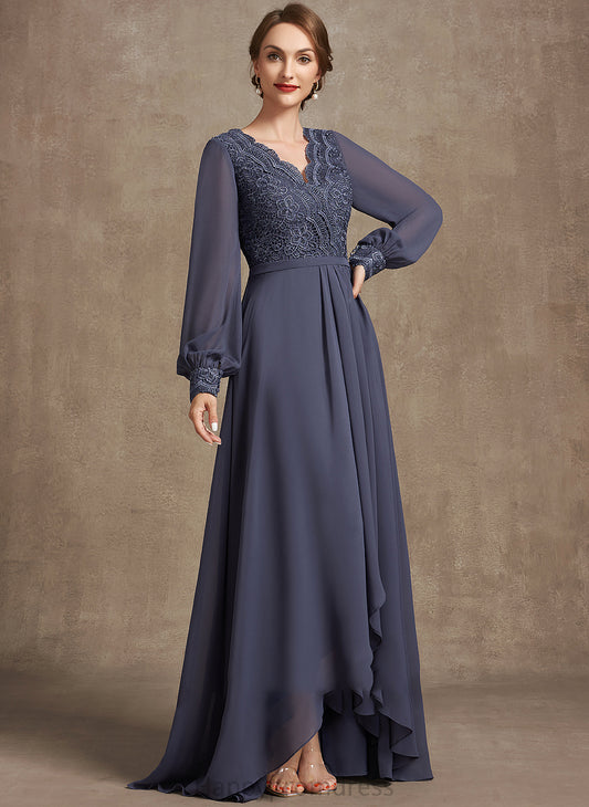 Bride A-Line of Mother V-neck Dress Asymmetrical Mother of the Bride Dresses Lace the Madelynn Chiffon