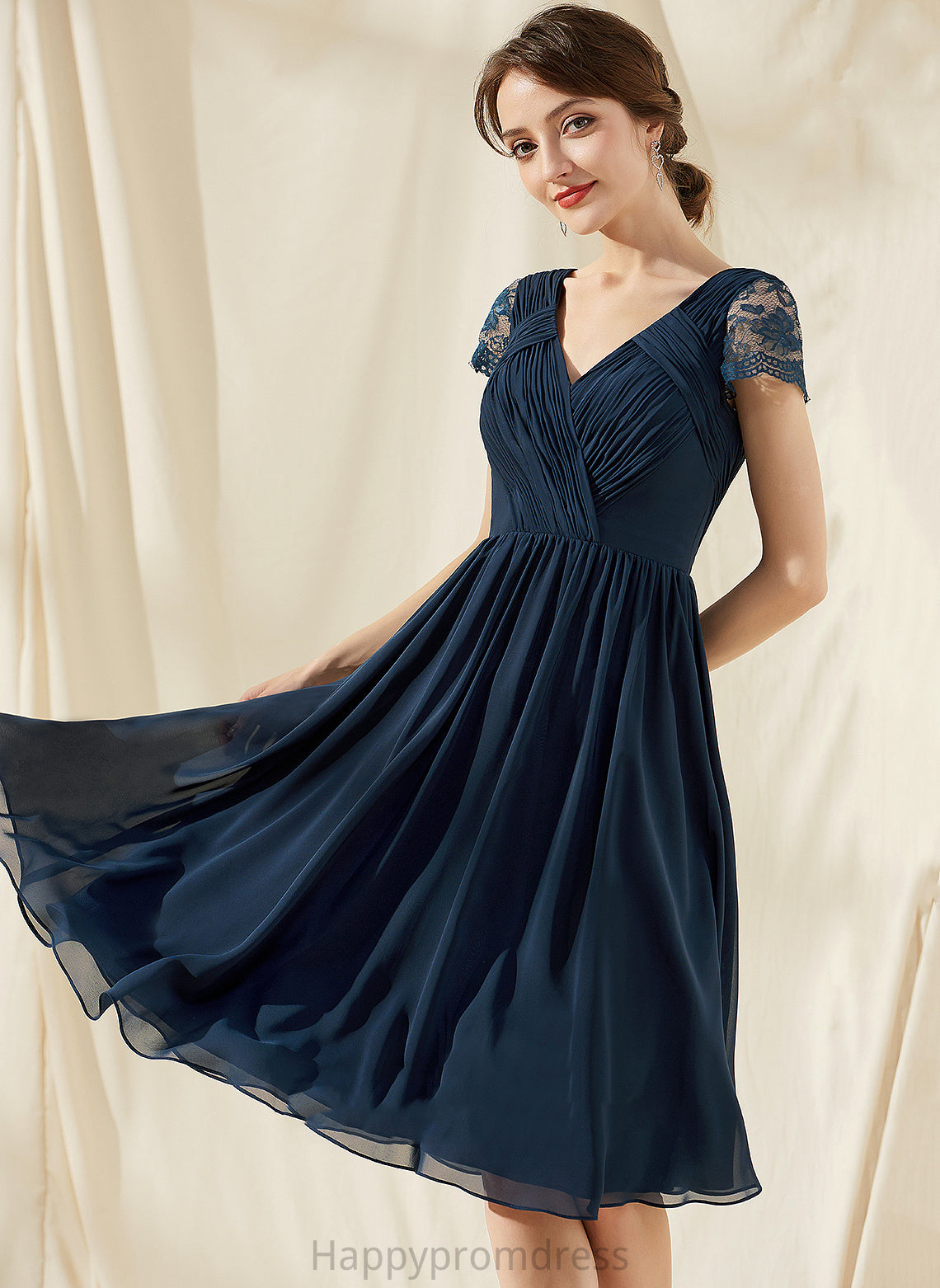 Knee-Length Lace Dress V-neck Homecoming Dresses Homecoming With Ruffle Kinsley A-Line Chiffon