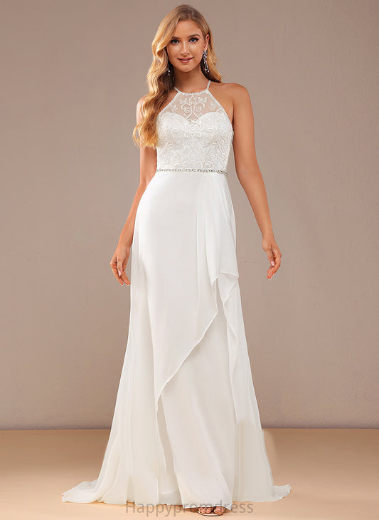 Train A-Line Chiffon Neck Lace Sierra High Lace With Sequins Wedding Dresses Sweep Wedding Beading Dress