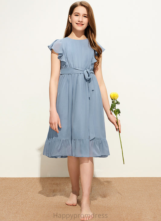 Elaina A-Line Chiffon Junior Bridesmaid Dresses Bow(s) With Cascading Scoop Neck Ruffles Knee-Length