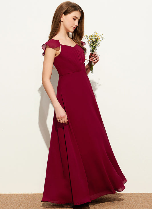 A-Line Junior Bridesmaid Dresses Suzanne V-neck Chiffon With Floor-Length Ruffle