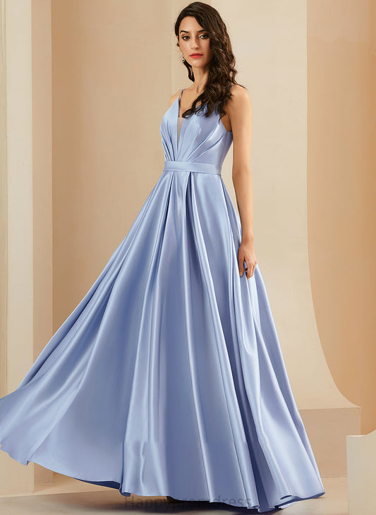 Floor-Length With V-neck Madilynn Pockets Prom Dresses Ball-Gown/Princess Satin Ruffle