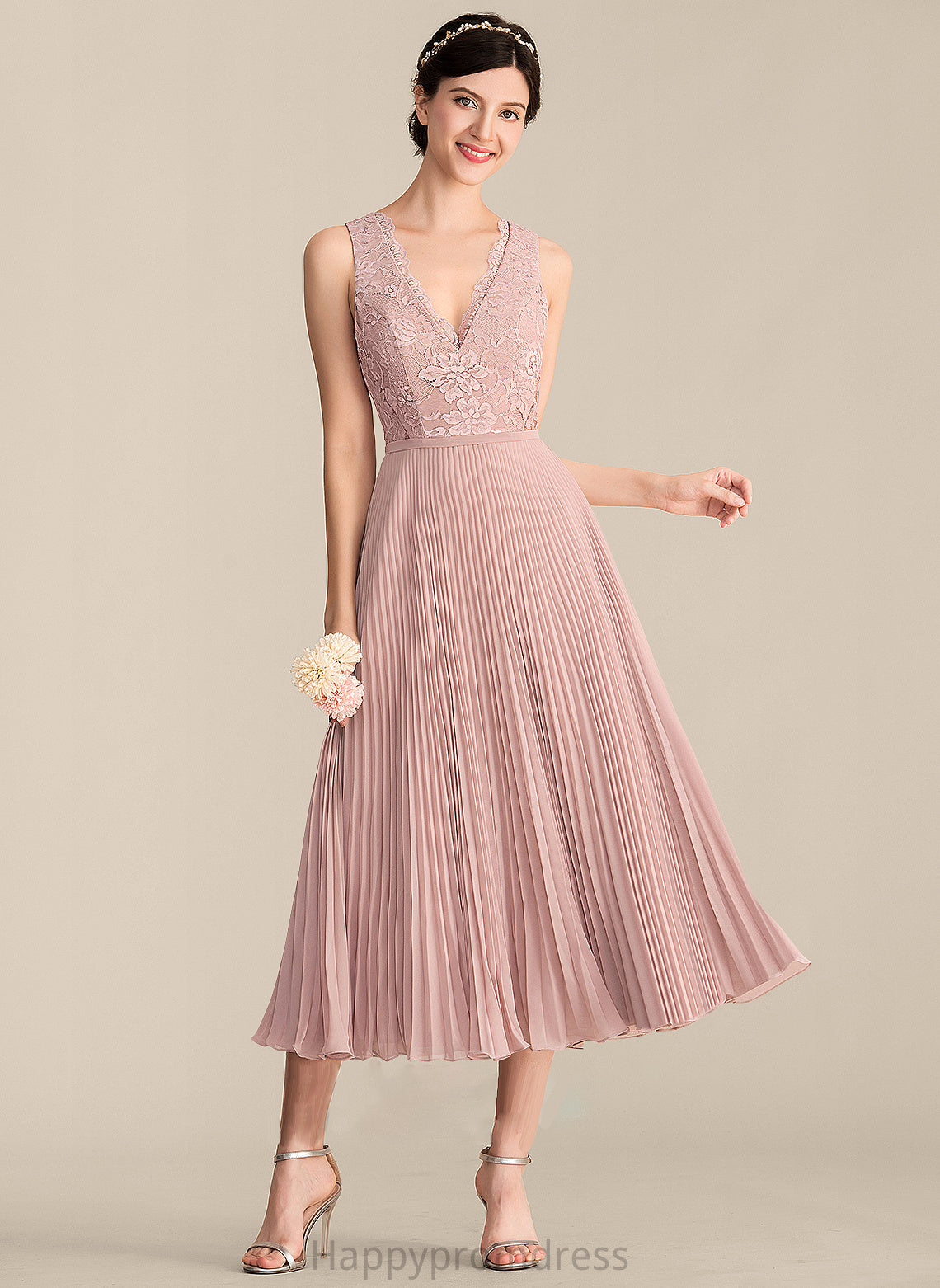 Pleated Fabric V-neck Embellishment Neckline Length Silhouette A-Line Tea-Length Phoebe Straps Natural Waist Bridesmaid Dresses