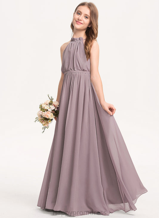 Neck Bow(s) Chiffon Ruffles Junior Bridesmaid Dresses High Floor-Length Cascading A-Line With Hannah