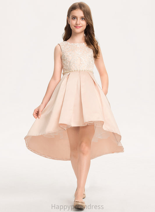 Hayley Neck With Scoop Junior Bridesmaid Dresses A-Line Beading Asymmetrical Pockets Lace Satin