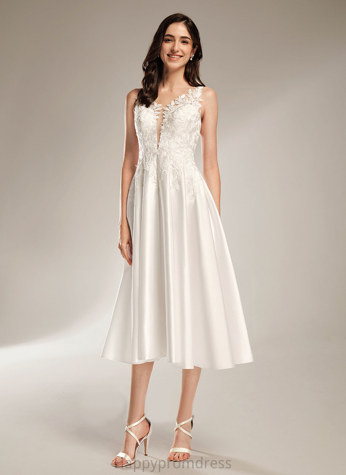 V-neck Wedding Dress Meghan A-Line Wedding Dresses Tea-Length Satin Lace