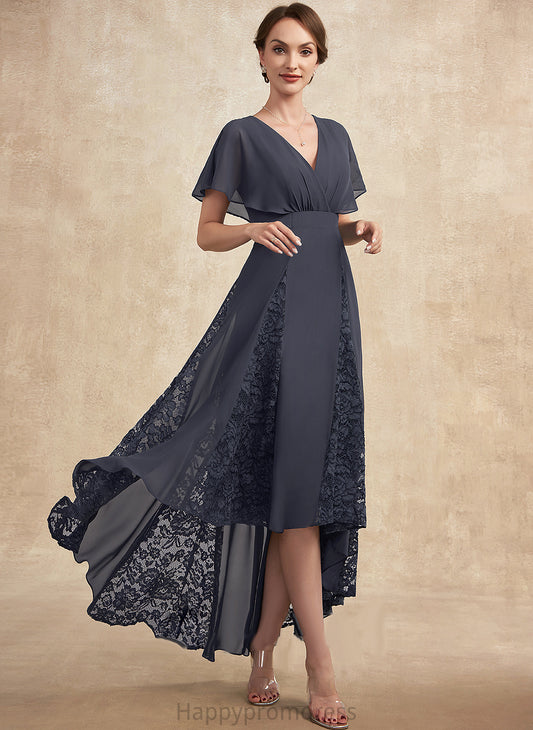 Asymmetrical Mother Mother of the Bride Dresses Ruffle of Laci Dress Chiffon Lace Bride With A-Line the V-neck