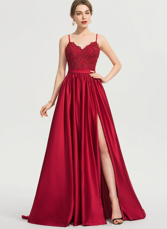 Split Sequins With Prom Dresses Front Ball-Gown/Princess V-neck Train Shania Satin Beading Sweep