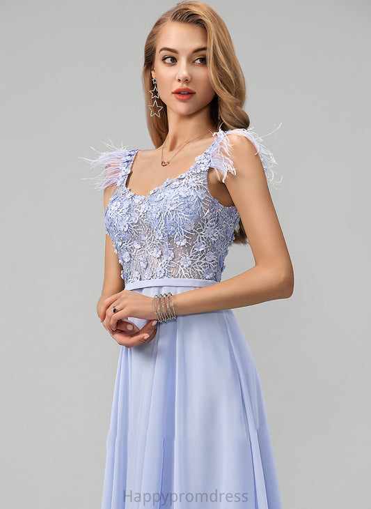 Floor-Length With Chiffon Hailey Sequins Beading Lace V-neck Feather A-Line Flower(s) Prom Dresses