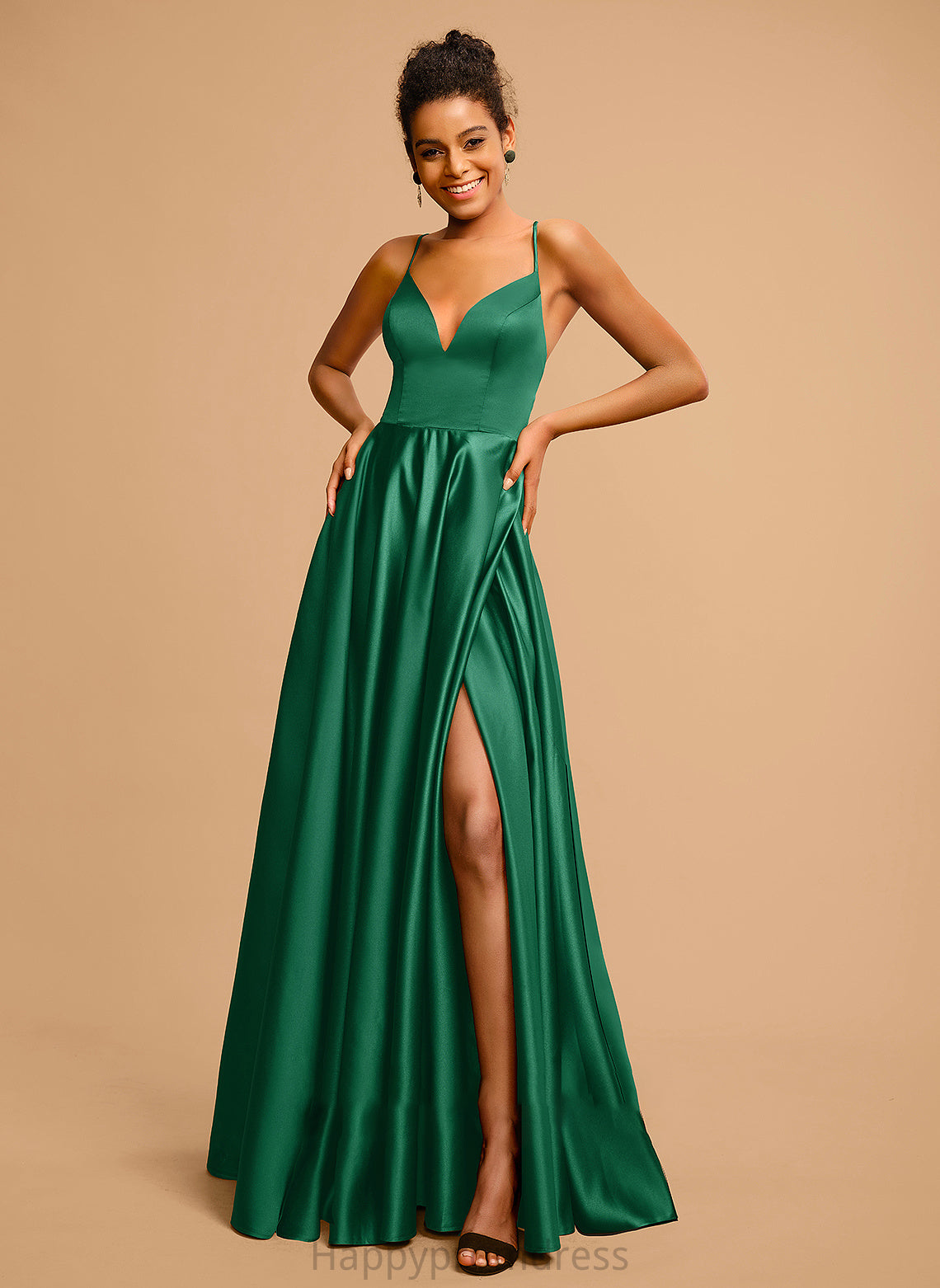 Floor-Length Satin Prom Dresses A-Line V-neck Ina